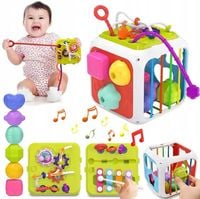 KOSTKA EDUKACYJNA SORTER 7W1 SENSORYCZNA CYMBAŁKI SZNURKI MONTESSORI KLOCKI