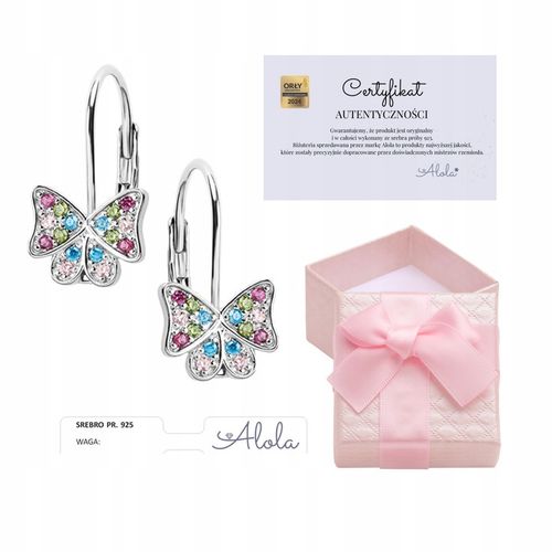 KOLCZYKI SREBRNE DLA DZIEWCZYNKI MOTYLKI KOLOROWE CYRKONIE ANGIELSKIE 925 na Arena.pl