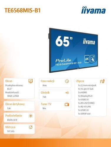 65'' TE6568MIS-B1AG, INFRARED,4K,IPS,24/7. multi touch na Arena.pl