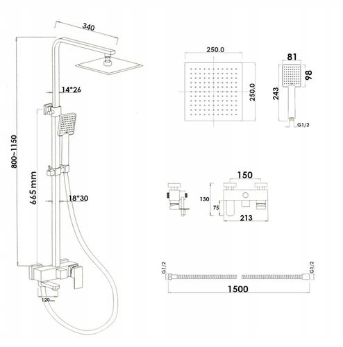 Bateria wannowa ścienna czarna z deszczownicą słuchawką i wężem YOKA HOME na Arena.pl