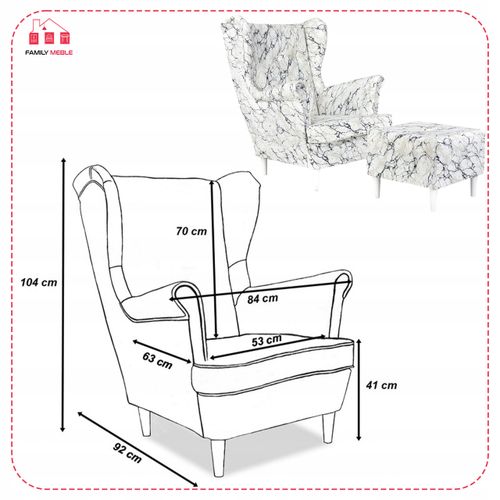 Fotel uszak ARI PRINT z podnóżkiem, skandynawski  marmurek na Arena.pl