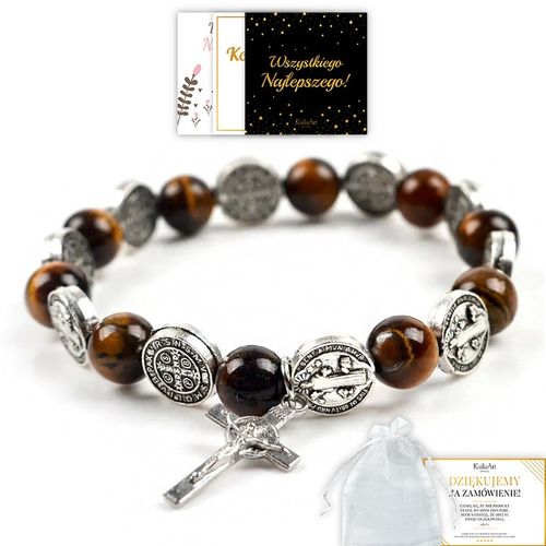 RÓŻANIEC NA RĘKĘ BRANSOLETKA Z KRZYŻYKIEM ŚW. BENEDYKT MĘSKI TYGRYSIE OKO na Arena.pl