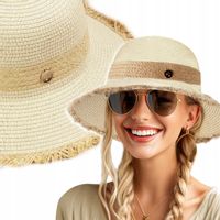 DAMSKI Słomiany Naturalny Retro KAPELUSZ PLAŻOWY Przeciwsłoneczny
