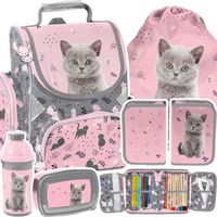 TORNISTER SZKOLNY PLECAK DLA DZIEWCZYNKI DO 1 KLASY KOT BIDON ŚNIADANIÓWKA