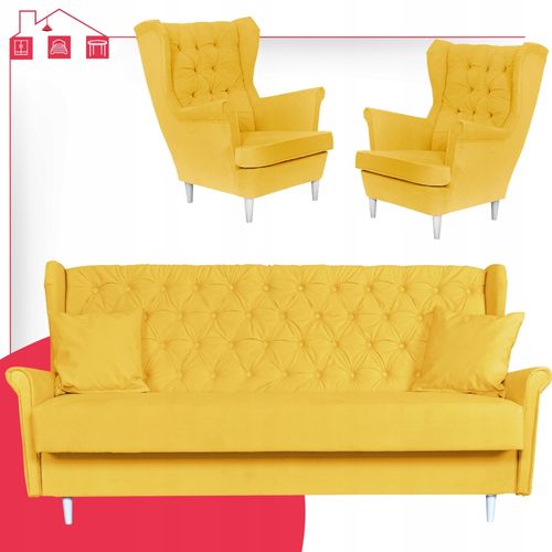Rozkładany zestaw wypoczynkowy z wersalką fotele uszaki ŻÓŁTY na Arena.pl