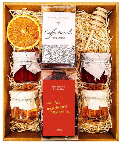 KOSZ PREZENTOWY PREZENT UPOMINEK PODAREK KAWA HERBATA MIÓD KONFITURY na Arena.pl
