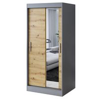 Szafa Przesuwna 90 cm HUGO Antracyt / Artisan Garderoba Listwy 2 Wnętrza