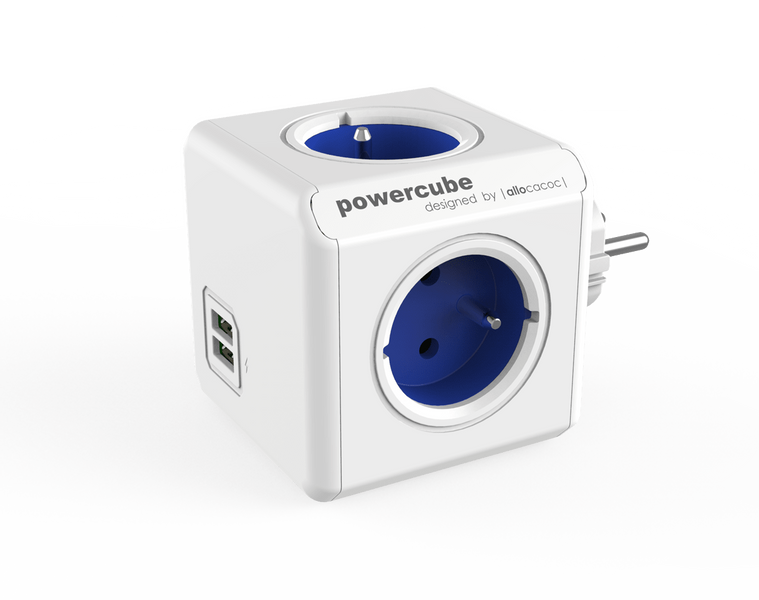 Listwa zasilająca allocacoc PowerCube Original USB - niebieski, 4x 230 V + 2x USB 2,1 A max zdjęcie 1
