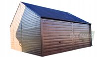 GARAŻ BLASZANY 6m x 6m poziom - dwuspad 2x Brama uchylna + drzwi - ciemny orzech drewnopodobny BOX96