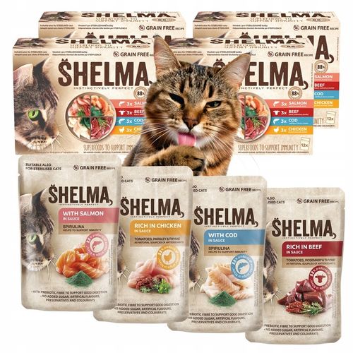 SHELMA MOKRA KARMA FILECIKI ŁOSOŚ DORSZ WOŁOWINA KURCZAK DLA KOTA 48X85G na Arena.pl