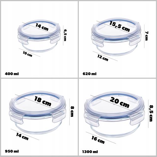 4x KADAX Zestaw Pojemników Na Żywność Szklane Pokrywką Box Okrągłe na Arena.pl