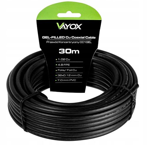 KABEL KONCENTRYCZNY ŻEL PRZEWÓD ANTENOWY CU ZIEMNY MIEDŹ CZARNY VAYOX 30M na Arena.pl