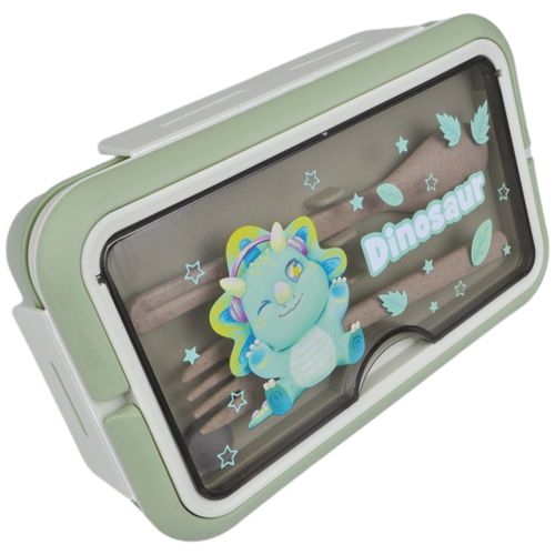 Lunchbox pojemnik do szkoły + sztućce bidon zielony z siedzącym dinozaurem na Arena.pl