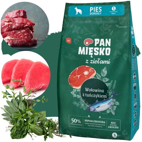 sucha karma dla psa wołowina tuńczyk zioła pan mięsko hipoalergiczna s 3 kg na Arena.pl