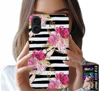 ETUI DO IPHONE 16 PLUS - KWIATKI W CZARNO - BIAŁE PASKI WZORY