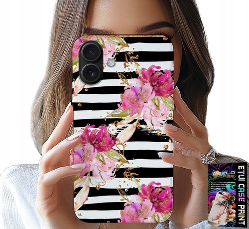 ETUI DO IPHONE 16 PLUS - KWIATKI W CZARNO - BIAŁE PASKI WZORY na Arena.pl