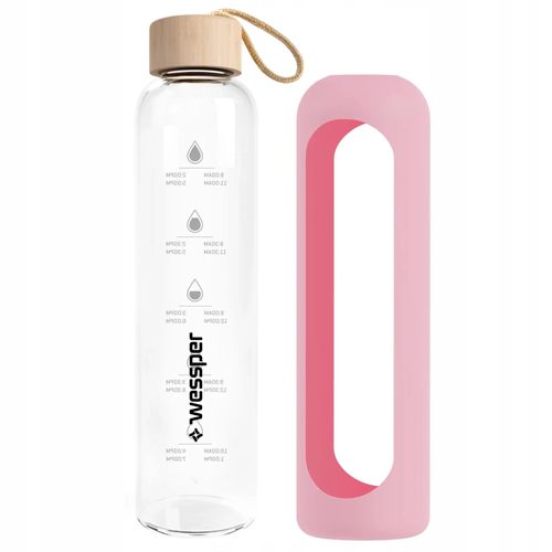 Wessper B1 Borosilicate 500 ml Szklana butelka na wodę z miarką motywacyjną z różowym etui na Arena.pl