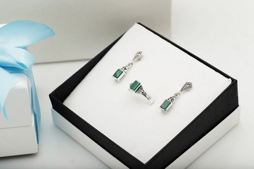 srebrne zielone kolczyki z agatem i markazytami - kdm5942 na Arena.pl