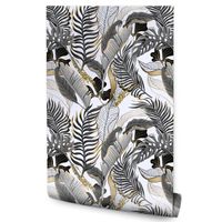 Tapeta Do Jadalni ABSTRAKCYJNE Czarno-Złote Liście Tropikalne Line-art