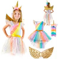 Strój sukienka z opaską i skrzydłami Unicorn złoty tęczowy 130