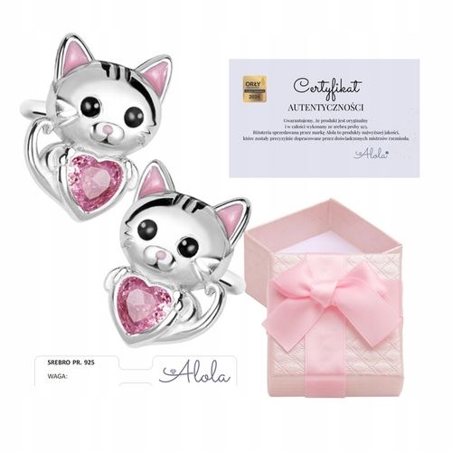 Kolczyki Srebrne Dla Dziewczynki Rodowane Kotki Srebro 925 Sztyfty Serce na Arena.pl