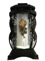 Znicz szklany, kapliczka czarna z złotą różą i napisem "Pamiętam"