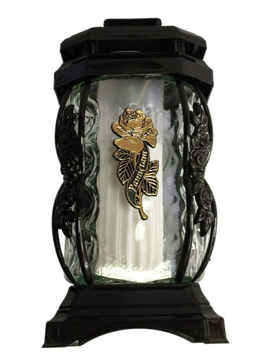 Znicz szklany, kapliczka czarna z złotą różą i napisem "Pamiętam" na Arena.pl