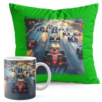 ZESTAW KUBEK + PODUSZKA ZIELONA - BOLID F1 WYŚCIGI SPORT