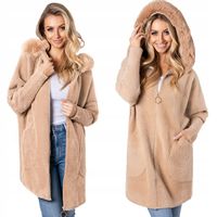 Puszysta Alpaka Płaszcz Kaptur z Futerkiem Miękki Ciepły Damski Na Suwak