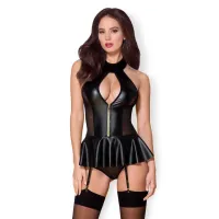 obsessive 859 gorset & string l/xl czarny wet look, sznurowany