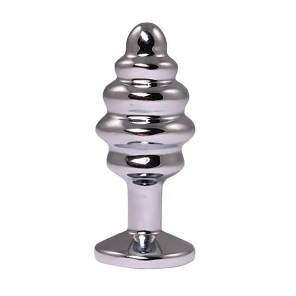 Silver Medium Ribbed Butt Plug With White Crystal zdjęcie 2