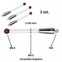 3x Trzpień M4, kula Ø6.0 mm, L=50 mm - Ceramika drążona (trzon Ø4.5)