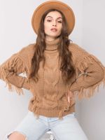 Sweter damski karmelowy z frędzlami Wizaż