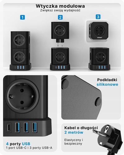 Voomy Stack Power Cube 10 - 2M power socket, 3 USB-A and 1 USB-C 20W Czarny na Arena.pl