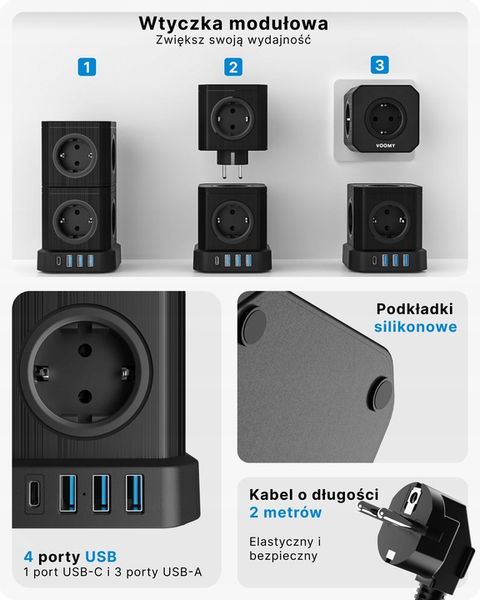 Voomy Stack Power Cube 10 - 2M power socket, 3 USB-A and 1 USB-C 20W Czarny zdjęcie 5