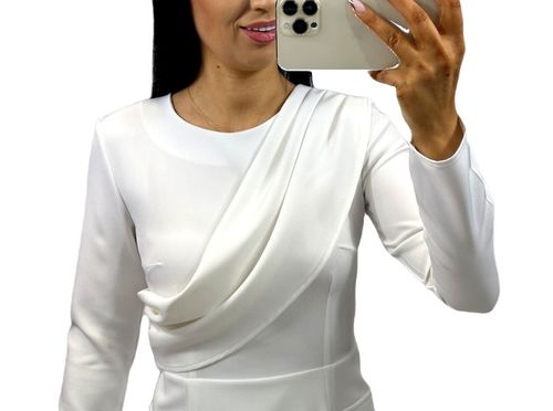 Elegancka sukienka z szarfą, plisą idealna na komunię i chrzciny ECRU M na Arena.pl