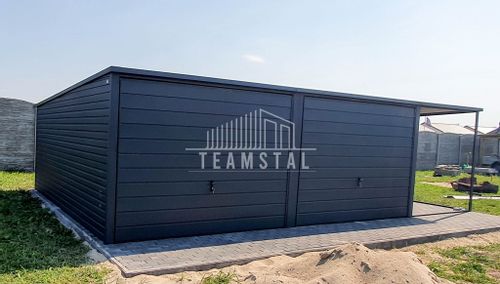 GARAŻ BLASZANY 6m x 5m poziom - spad tył 2x Brama uchylna - wiata - dodatkowe drzwi + antracyt BTX 7016 TS221 6x5 na Arena.pl