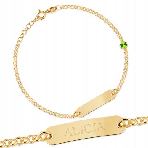 Bransoletka Srebrna 925 Złocona z Grawerem Koniczynka Prezent na Chrzest na Arena.pl