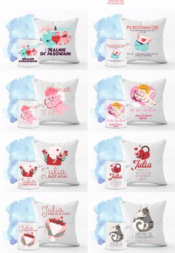 Walentynkowy Zestaw PODUSZKA i KUBEK prezent z TWOM NAPISEM IMIONAMI na Arena.pl