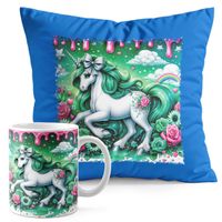 ZESTAW KUBEK + PODUSZKA NIEBIESKA - JEDNOROŻEC UNICORN KOŃ