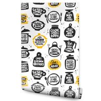 Tapeta Do Kuchni NAPISY Garnki Słoiki Deski Waga