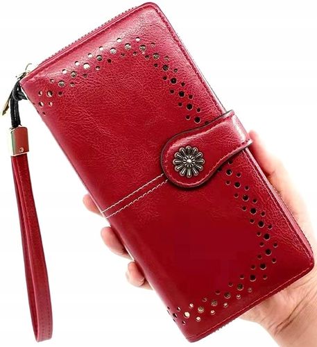 Portfel Skórzany duży pojemny ażurowy pasek boho  C2_B_Czerwony na Arena.pl