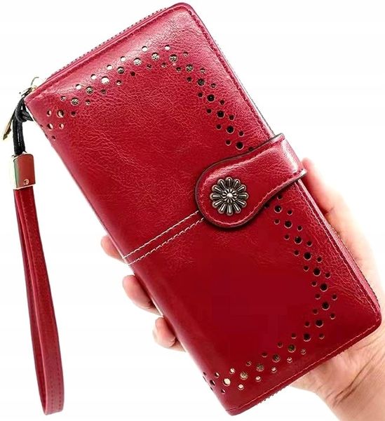 Portfel Skórzany duży pojemny ażurowy pasek boho C2_B_Czerwony zdjęcie 3