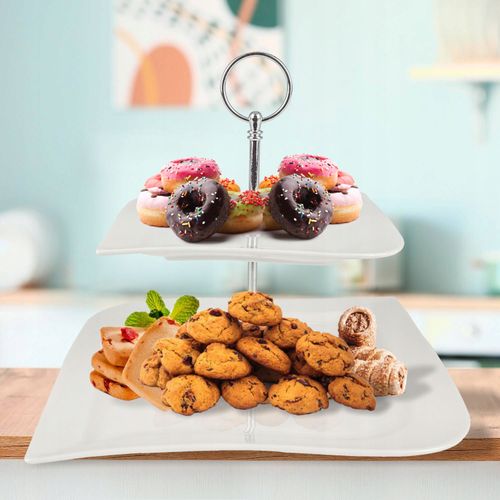 PATERA PORCELANOWA NOWOCZESNA BIAŁA 2 POZIOMOWA TACKA NA CIASTO SREBRNA na Arena.pl