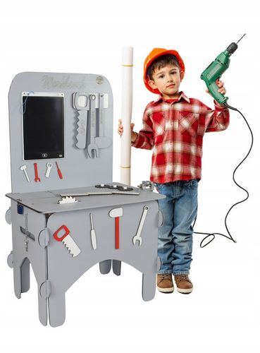 KOLOR Drewniany warsztat majsterkowicz tablet kłódka imadło schowek piła PL na Arena.pl