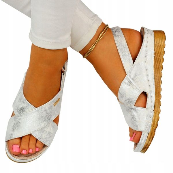 SANDAŁY DAMSKIE SKÓRA PROFILOWANE SZYTE RZEP zdjęcie 2