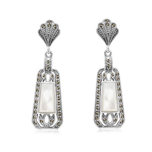 srebrne piękne wiszące kolczyki z masą perłową i markazytami na Arena.pl