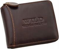 Skórzany PORTFEL Męski Zamek Suwak Skóra WILD Brązowy Solidny Duży RFID