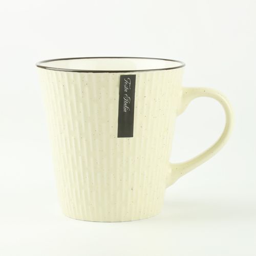 CERAMICZNY KUBEK NA KAWĘ HERBATĘ BEŻOWY ZDOBIONY WE WZÓR KRESKI 340 ML na Arena.pl