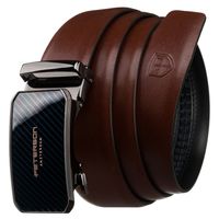 skórzany pasek męski w brązowym kolorze z automatyczną, srebrną klamrą